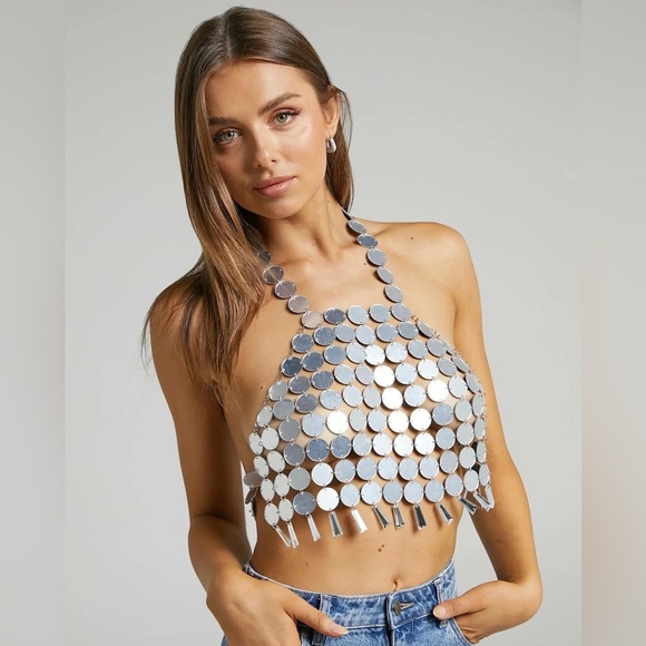 Silver Disc Chainmail Crop Top Festival Rave Sequin Metal Halter Clubwear mirror - Picture 8 of 8